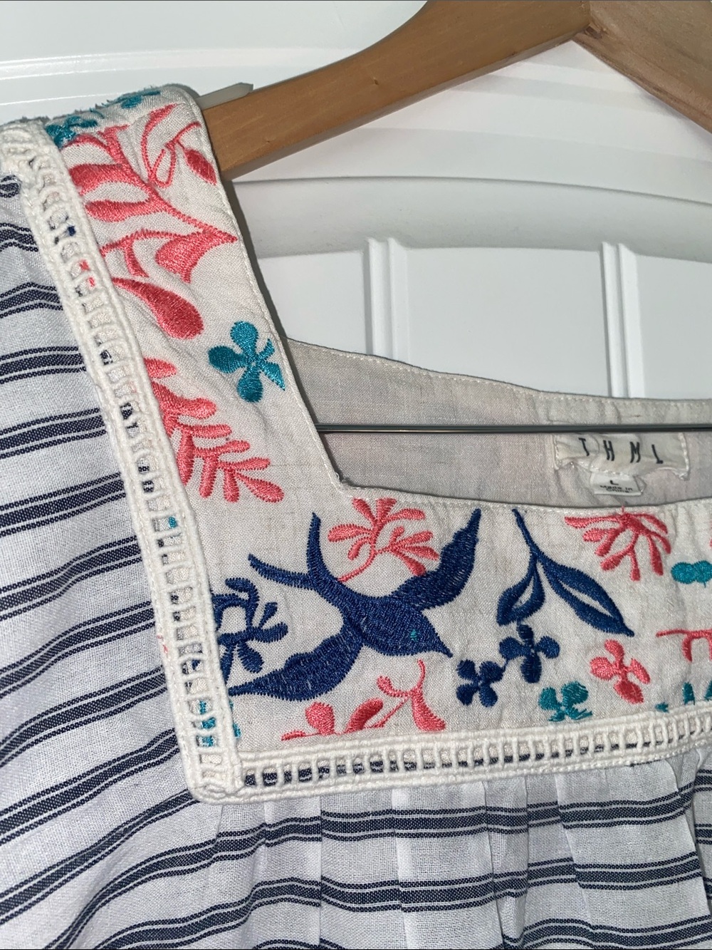 THML Navy & White Striped Square-Neck Top with Pink Tassel Trim size Large - Picture 3 of 15